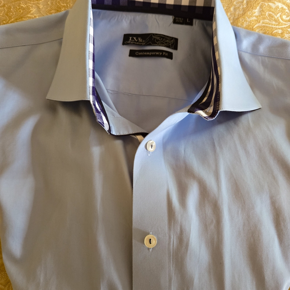 Signature Sky Blue Dress Shirt with Bold Striped Collar